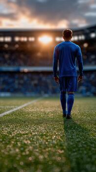 Soccer player walks towards sunset on field with stadium in background photo