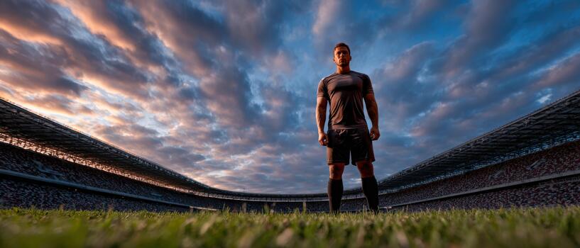 Football player stands confidently on the field at sunset during a game photo