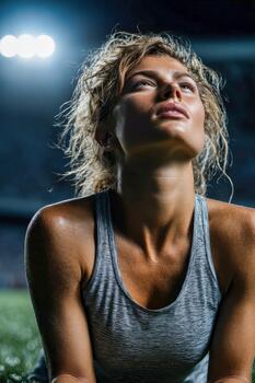 Athlete resting on field after intense workout under stadium lights photo
