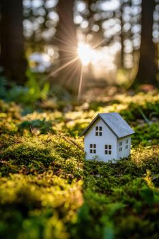 Miniature house in a serene forest setting during sunset photo