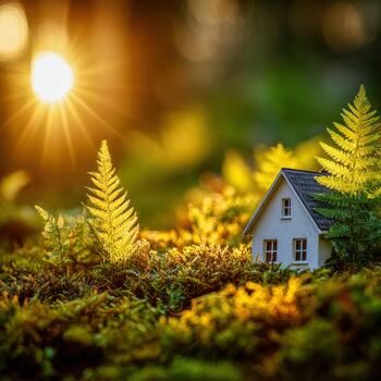 Tiny house among ferns with sunlight filtering through forest trees photo