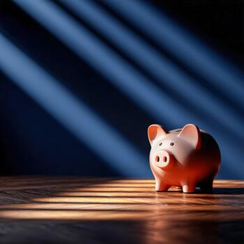 A piggy bank with a shiny finish sits alone on a wooden table photo