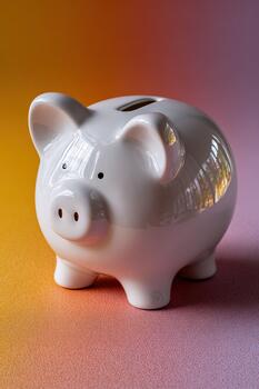 Ceramic piggy bank with a smooth white surface on a colorful gradient background photo