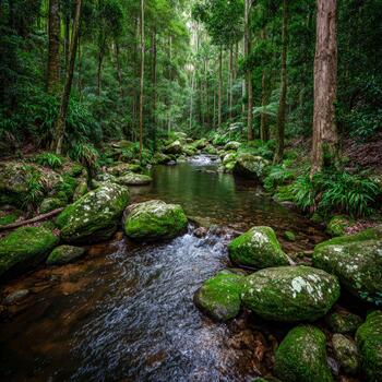 Tranquil forest scene with a flowing stream and moss-covered rocks photo