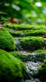 Flowing stream surrounded by lush green moss in a tranquil forest setting photo