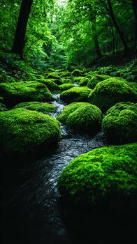 Lush green moss-covered rocks by a clear, winding stream in a forest photo
