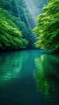 Tranquil river surrounded by lush green trees and soft sunlight in a serene landscape photo