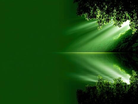 Sunlight breaks through trees over a calm green lake in a serene natural setting photo