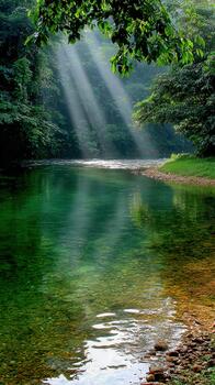 Serene river surrounded by lush greenery and soft sunlight in nature photo