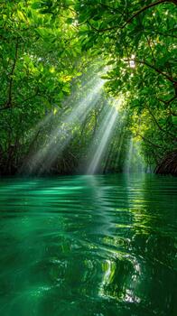 Light filters through lush trees in a serene river surrounded by vibrant nature photo