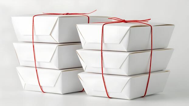 Stack of White Takeout Food Containers Tied With Red String Isolated on White Studio Background photo