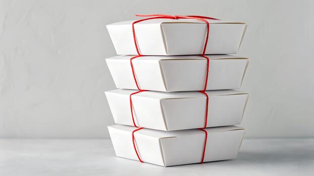 Stack Of Four White Takeaway Food Containers Tied With Red String On White Surface photo