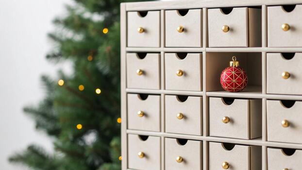 Cream Colored Advent Calendar With One Red Ornament In A Drawer Next To A Christmas Tree photo