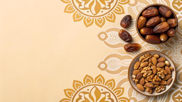 Overhead View Of Dates And Mixed Nuts In Bowls On A Beige Background With Decorative Patterns photo