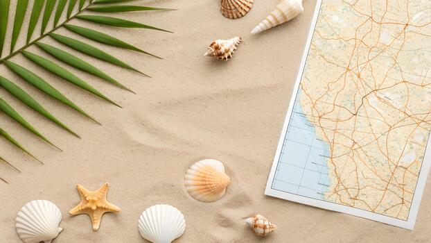 Top Down View Of Seashells And A Map On Sandy Beach With Palm Frond Overhead Lighting photo