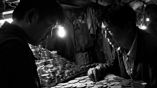 Chinese men engaged in intense go game expressions of contemplation, joy, and disappointment photo
