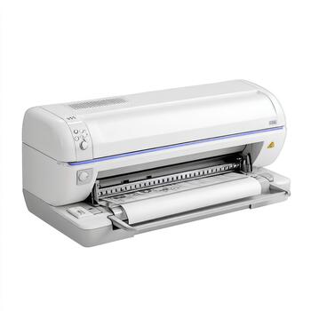 Plotter machine processing an architectural plan on roll paper photo