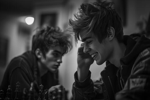 intenso ajedrez partido uno jugador elabora estrategias con alegría, mientras el otro reacciona en consternación foto