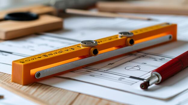 Close up of geodetic instruments theodolite, leveling rod, and project drawings on work desk photo