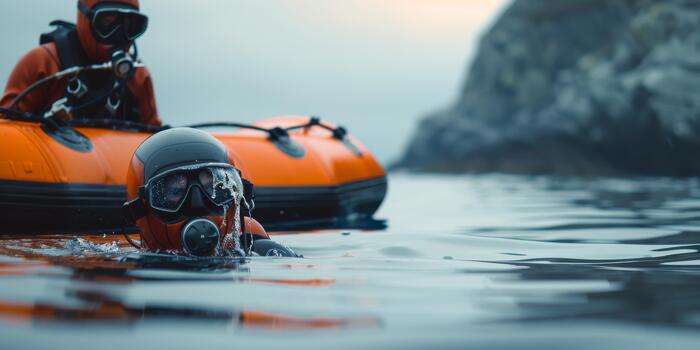 Scuba diver entering water from rescue boat with team photo