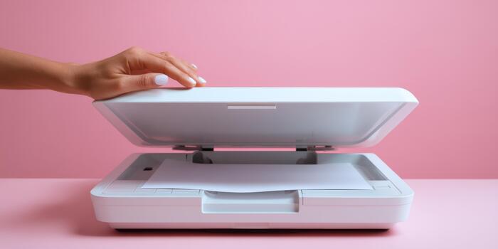 Hand scanning document on flatbed scanner with pink background photo