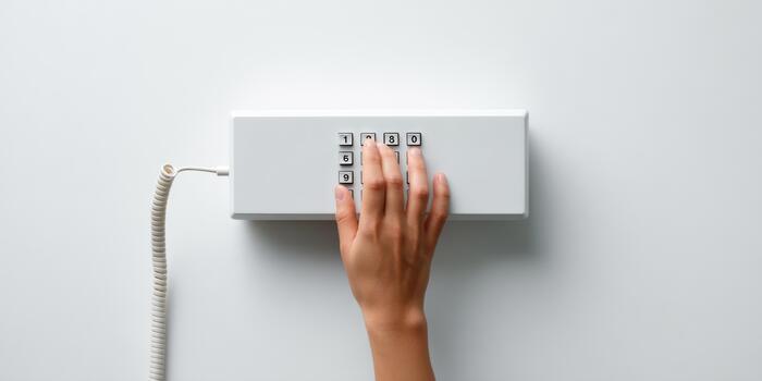 Hand entering security code on intercom keypad photo