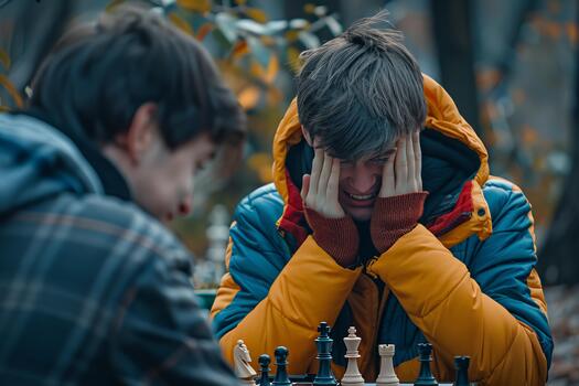 Joyful chess player prepares to move while opponent reacts in horror to the game s tension photo