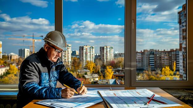 Engineer analyzing blueprints in a bright modern workspace with panoramic city photo
