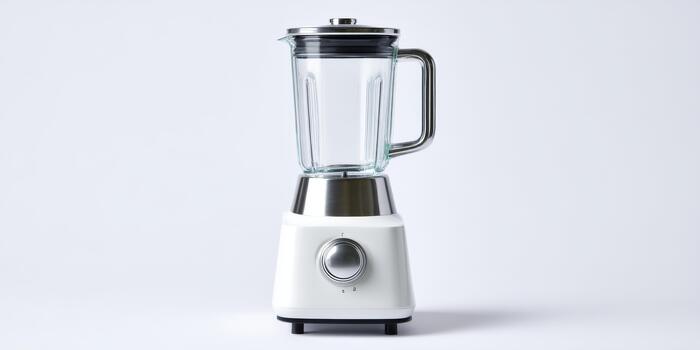 White electric blender with glass pitcher on clean background photo