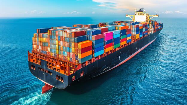 El r cerca arriba ver de masivo carga buques cargado con Envío contenedores en un ocupado Puerto ambiente foto