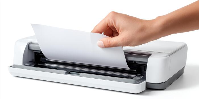 Hand loading paper into a modern inkjet printer photo