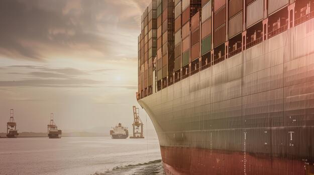 Close up view of massive cargo ships loaded with shipping containers at the port photo