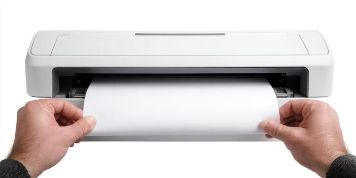 Hands putting blank paper into printer, printing document photo