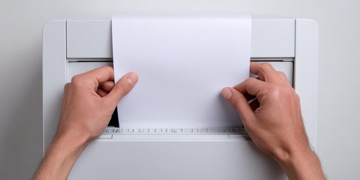 Hands shredding blank paper document in office shredder photo