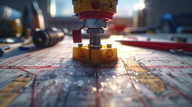 Close up of geodetic instruments theodolite, leveling rod, and detailed engineering project plans. photo