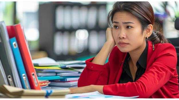 Focused accountant analyzing data at computer surrounded by a pile of financial documents photo