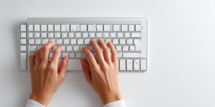 Hands typing on computer keyboard from top view photo