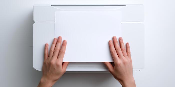 Hands loading blank paper into printer from above photo