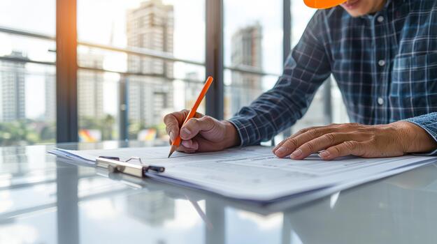 The Engineer or architect analyzing blueprints in a bright modern workspace photo