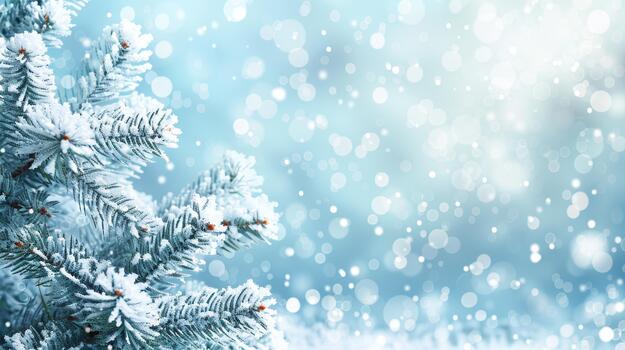 Merry christmas and happy new year card with snowy landscape and fir tree branches photo