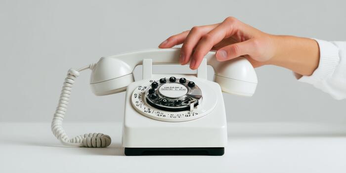 Hand hanging up retro rotary dial telephone photo