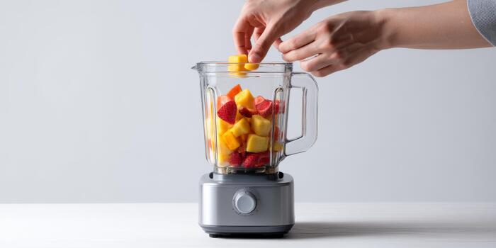 Hands adding fresh fruit to blender for smoothie photo
