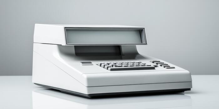 Retro white desk calculator showing vintage technology photo