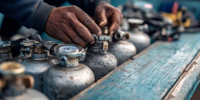 Diver hands checking scuba oxygen tank valve photo