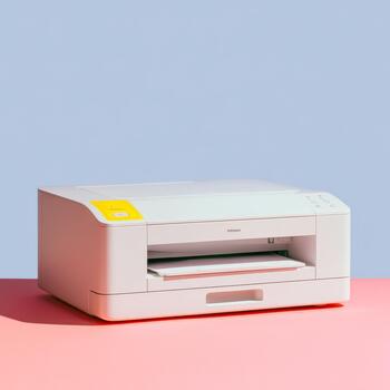 White modern printer with paper tray on pastel background photo