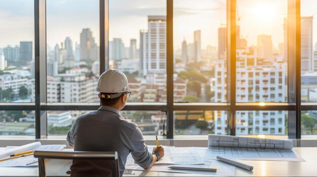 Engineer analyzing blueprints in a bright modern workspace with panoramic city views photo