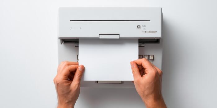 Hands inserting blank paper into old printer photo