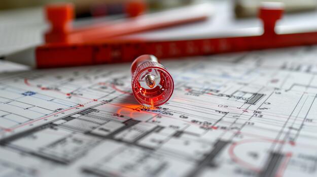 Detailed close up of geodetic instruments for engineering and construction projects on work desk photo