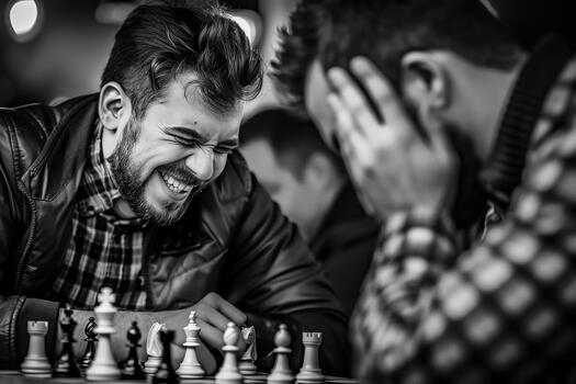 Dramatic chess match one player smiles in victory while the other faces defeat in shock photo