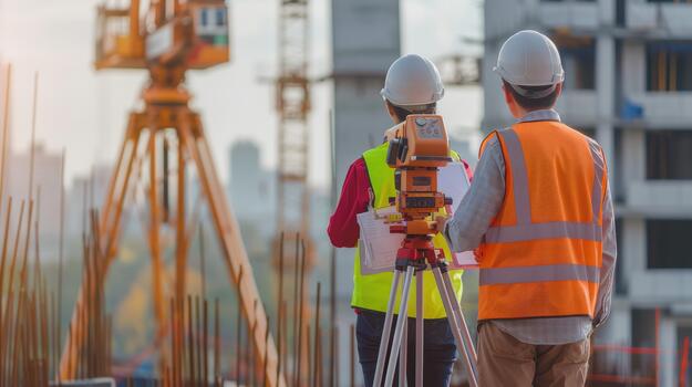 Surveying engineers measuring at a construction site with urban buildings and greenery backdrop photo
